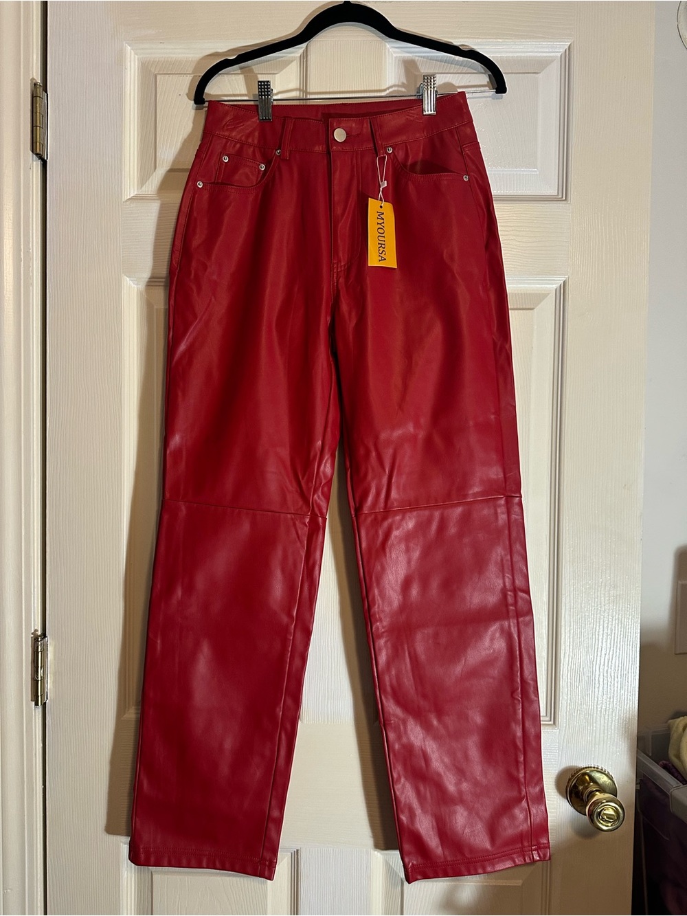 Red Faux Leather Straight-Leg Women’s Pants - Unbranded